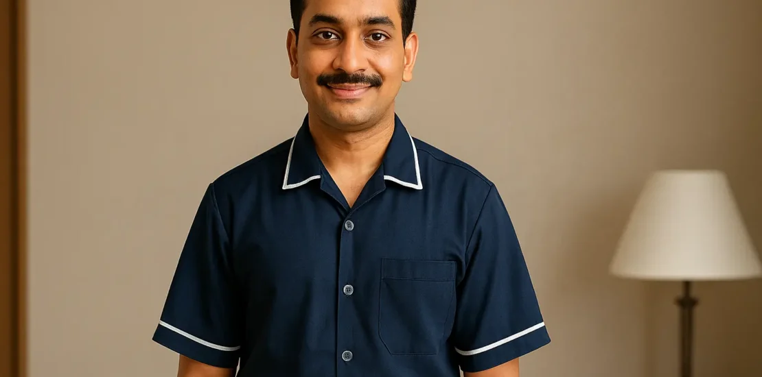 A professional Indian male housekeeping staff member standing indoors, wearing a navy blue housekeeping uniform with white piping.