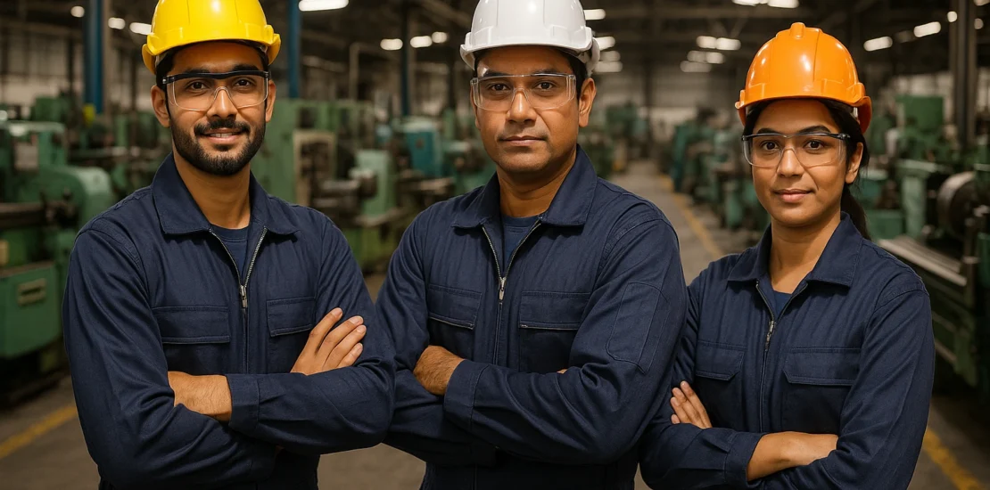 Workers wearing industrial uniforms in factory