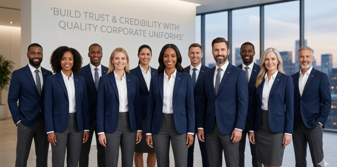 Confident professional team wearing branded navy blue and charcoal grey corporate uniforms in a modern office, symbolizing trust and credibility.