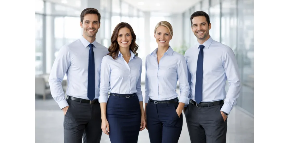 Corporate team wearing matching light blue shirts and navy formal trousers standing in a modern office environment.