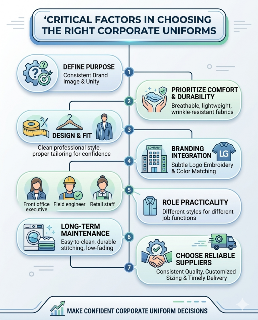 Flowchart infographic showing seven critical steps to choosing corporate uniforms, including define purpose, comfortable durable fabrics, professional design and fit, branding, and role practicality.