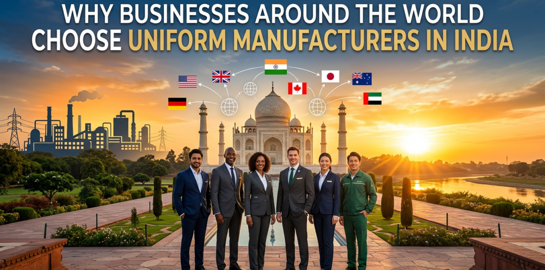 Global businesses choose India uniform manufacturers - Taj Mahal, pros in uniforms, factory backdrop.