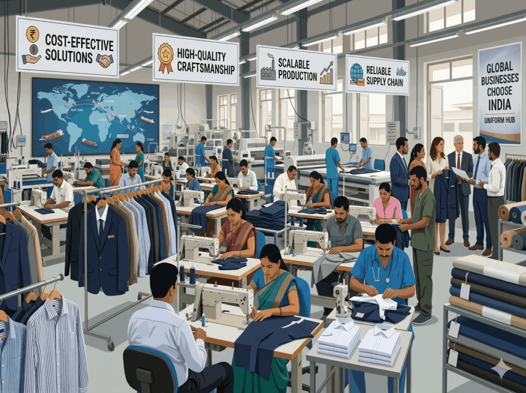 Inside view of a large scale uniform manufacturing factory in India producing corporate and industrial workwear for global export.