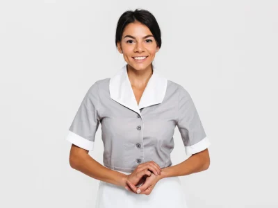 Hotel housekeeping staff member in a clean, neat maid uniform.