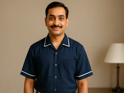 A professional Indian male housekeeping staff member standing indoors, wearing a navy blue housekeeping uniform with white piping.