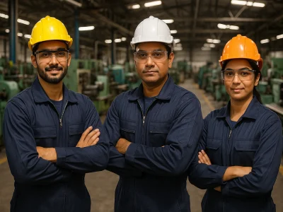 Workers wearing industrial uniforms in factory