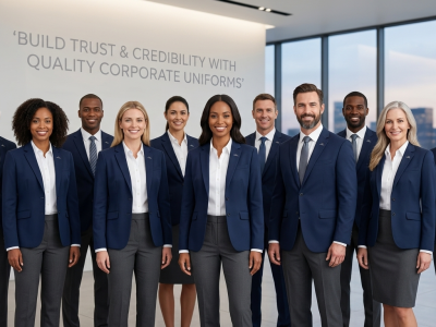 Confident professional team wearing branded navy blue and charcoal grey corporate uniforms in a modern office, symbolizing trust and credibility.