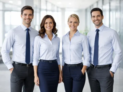 Corporate team wearing matching light blue shirts and navy formal trousers standing in a modern office environment.