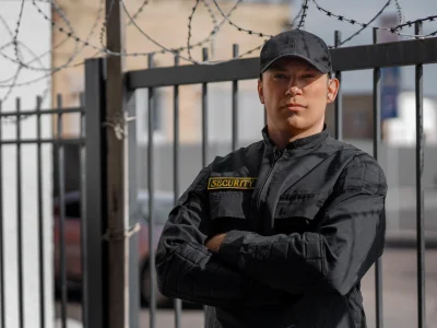 Security guard wearing professional attire supplied by experienced security clothing suppliers.