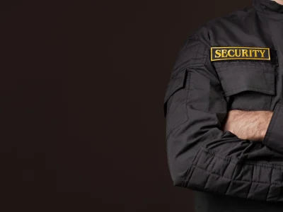 Professional security guard wearing a black security uniform symbolising trust, authority, and control