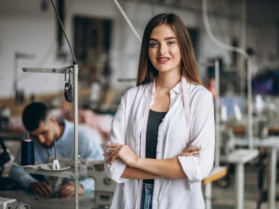 Female tailor working in a uniform manufacturing factory with sewing machines in the background