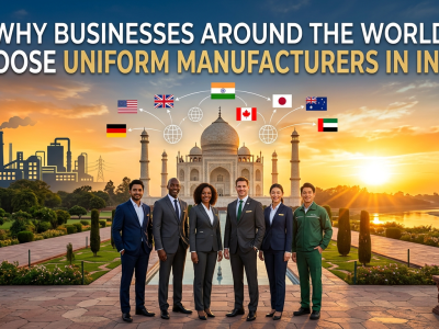 Global businesses choose India uniform manufacturers - Taj Mahal, pros in uniforms, factory backdrop.